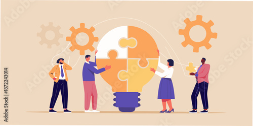 Teamwork and innovation people collaborating to complete a lightbulb puzzle