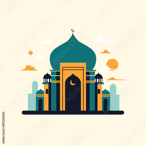 Vibrant mosque illustration with domes and minarets at sunset