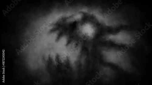 Dark horror 2D animation. Abstract Vj looped video clip. Horror fantasy genre. Halloween ghost short animated movie. Scary thing silhouette in fog. Spooky visions of hell. Black and white background.