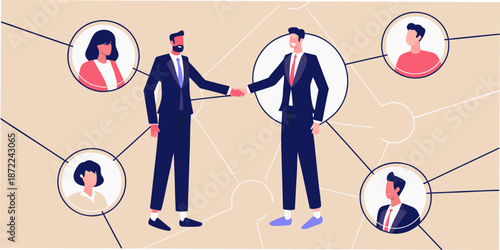 Business professionals completing a handshake with connecting portraits around them