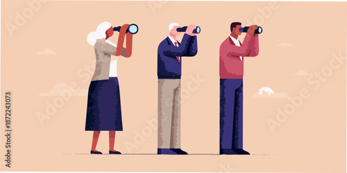 Three people of different generations looking through binoculars at a distance