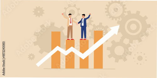 Business success and growth illustrated with people celebrating on chart bars