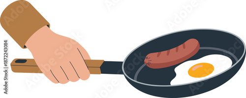 Hand holding frying pan, cooking breakfast sausage and fried egg, flat vector illustration, kitchen food concept isolated white background minimal