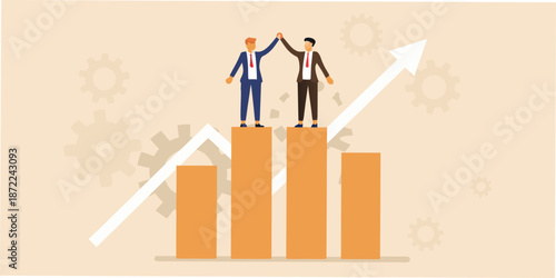 Business success two professionals celebrate achievement atop rising growth charts