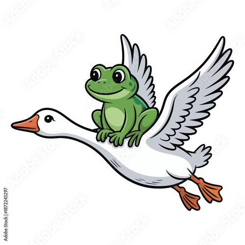 A charming illustration depicts a bright green frog cheerfully riding on the back of a majestic white goose in flight.