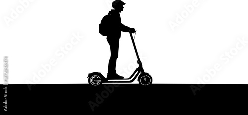 Urban Electric Mobility: A silhouette of a person riding a modern electric kick scooter through a minimalist city skyline background.