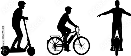 Urban Electric Mobility: A silhouette of a person riding a modern electric kick scooter through a minimalist city skyline background.