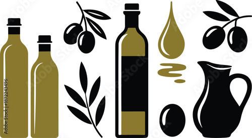 Olive Branch Silhouette Icon Set Mediterranean Olive and Oil Bottle