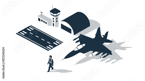 Military jet taking off from airbase with personnel nearby