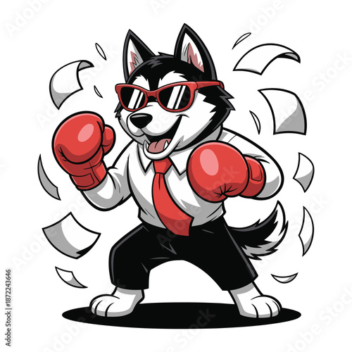 A cartoon husky dog wearing sunglasses and boxing gloves dressed in business attire surrounded by floating papers exudes confidence and determination.