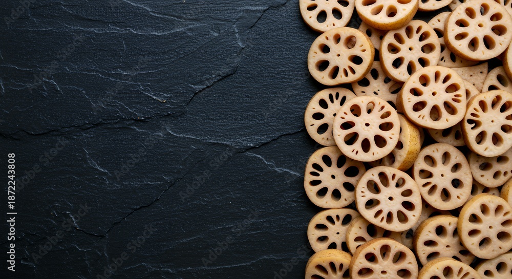 Fototapeta premium Sliced Fresh Lotus Root Rounds with Natural Texture Scattered on Dark Slate Background, Exotic Asian Vegetable Ingredient for Professional Food Photography