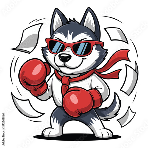 A cartoon husky dog wearing sunglasses and boxing gloves dressed in business attire surrounded by floating papers exudes confidence and determination.