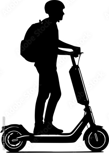 Urban Electric Mobility: A silhouette of a person riding a modern electric kick scooter through a minimalist city skyline background.