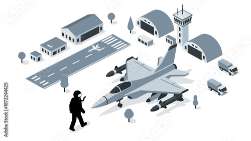 Military jet on runway with airport buildings and vehicles
