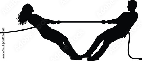 Silhouette tug of war illustration, man and woman pulling rope, teamwork competition conflict concept, black vector design isolated on white background