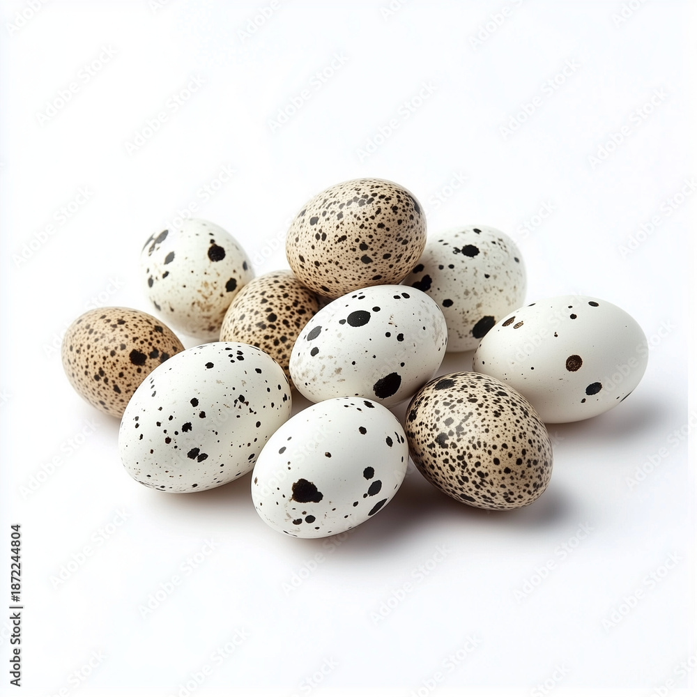 Fototapeta premium Collection of Speckled Quail Eggs on White Background, 흰 배경에 점박이 메추리알 모음