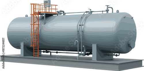 Industrial fuel storage tank, horizontal metal reservoir, refinery equipment illustration, factory pipeline system, petroleum container, isolated white background, 3D render