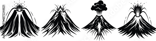 Volcano eruption vector illustration set, black and white volcanic mountain silhouettes with lava, smoke and ash, geology nature icons for science designs