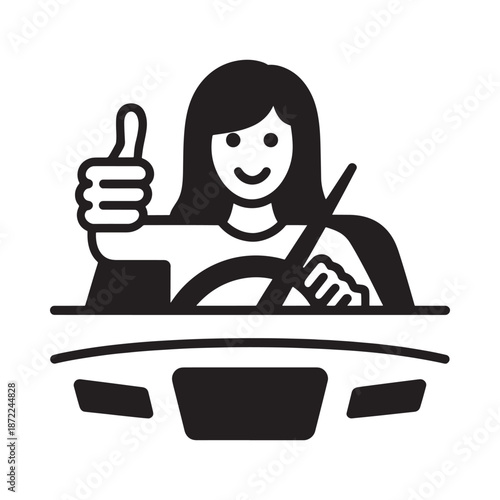 A smiling woman giving a thumbs up while driving a vehicle