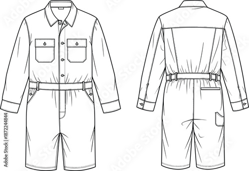 Workwear jumpsuit technical flat drawing front and back view belted utility coverall fashion CAD vector illustration template apparel design outline
