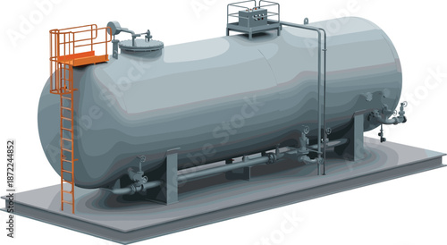 Industrial storage tank, horizontal fuel container, metal oil reservoir, 3D illustration, refinery equipment, factory pipeline system, isolated on white background