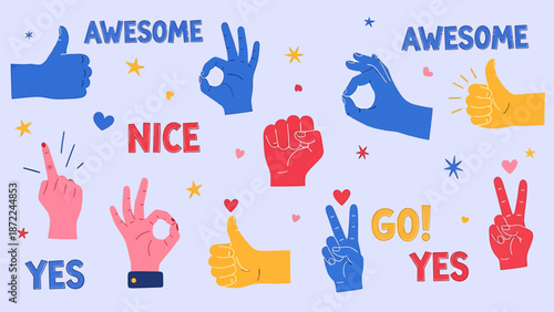 Colorful hand gestures and positive phrases for motivation