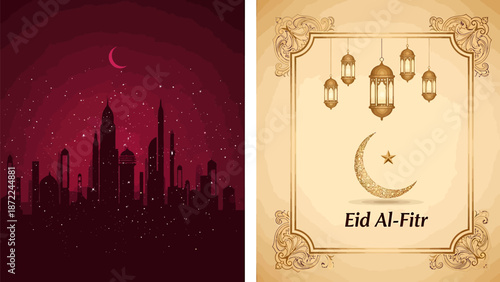 Eid Al-Fitr celebration with crescent moon and lanterns