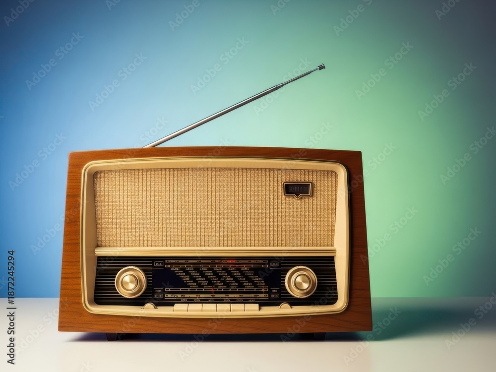 Obraz premium Retro radio on white surface with blue green background gradient