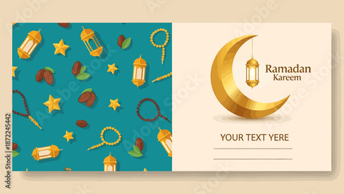 Ramadan Kareem greeting card with crescent moon and lanterns