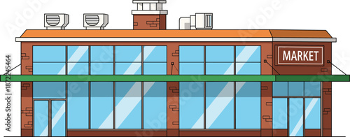 Modern market building, storefront exterior, urban retail shop, flat vector illustration, commercial architecture design, glass facade, daytime city scene concept