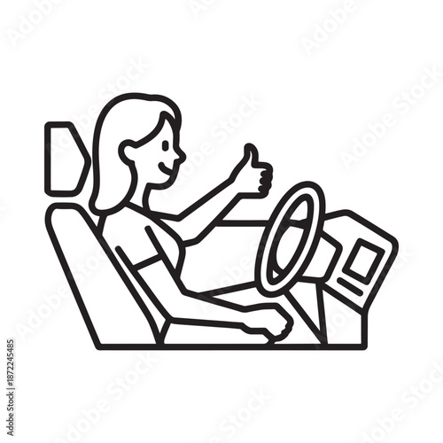 Woman driving a car with a thumbs up a simple line art illustration