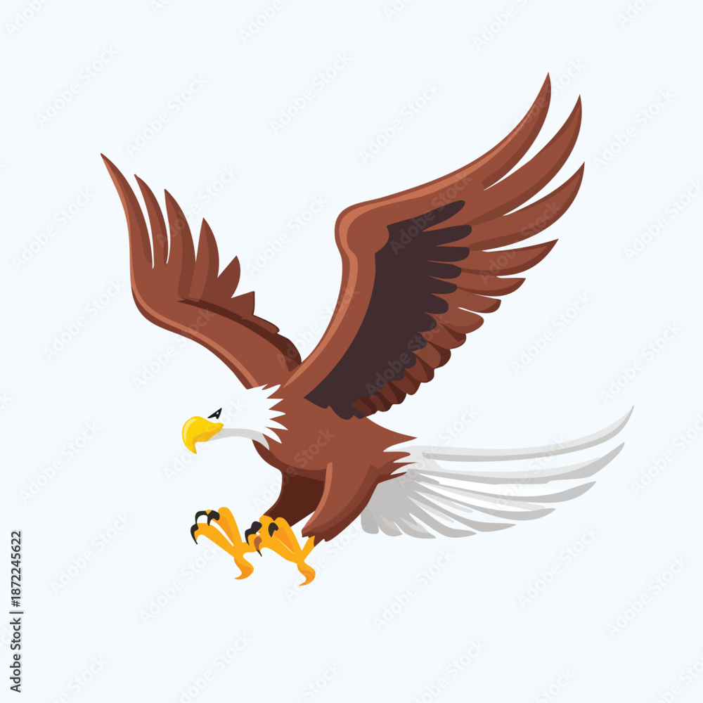 Fototapeta premium A wild black eagle silhouette illustration with spreading wings and a sharp beak flies through the nature sky in a vector cartoon drawing design