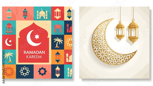 Vibrant Ramadan Kareem greeting cards with Islamic patterns