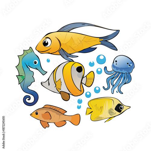 A cute vector illustration of a tropical goldfish swimming in a colorful sea aquarium set featuring diverse aquatic nature and marine life