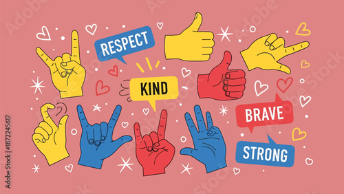 Vibrant hands signing positive affirmations with hearts