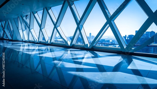 Modern Architecture - Geometric Window Design with Cityscape View.