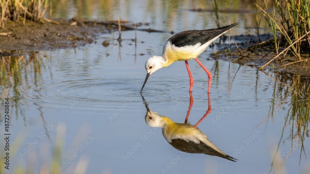 Fototapeta premium A bird with long legs and a long beak is drinking water while its reflection is clearly visible in the water.