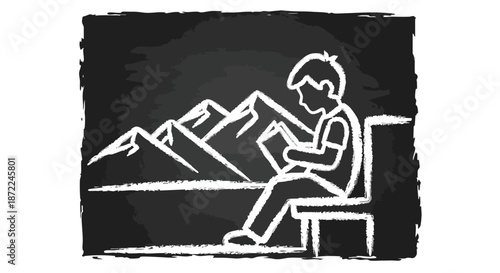 Chalkboard drawing of a boy reading a book on a bench with mountains in the background, representing education and imagination.