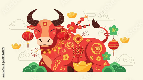 Festive illustration of a red ox decorated with traditional Chinese New Year elements.