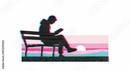 Silhouette of a person reading a book on a bench with a glitch effect, sunset or sunrise background