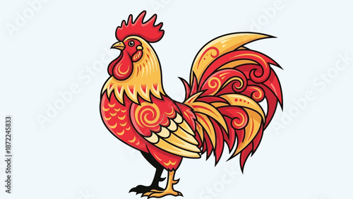 A stylized illustration of a rooster with vibrant red and yellow ornamental feathers.