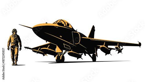 Military pilot standing next to fighter jet with missiles