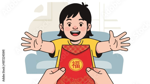 A child with open arms receives a red envelope with the Chinese character for fortune.