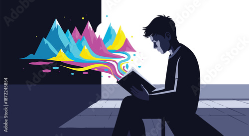 A silhouette reads a book, from which a vibrant, abstract landscape of colorful mountains and rivers emerges, symbolizing imagination and knowledge.