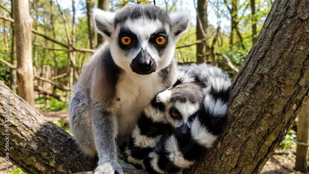 Naklejka premium A ring-tailed lemur mother is perched on a tree branch with her baby, both displaying their distinctive black and white fur patterns.
