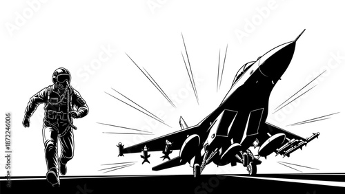 Military pilot rushing to fighter jet for urgent mission