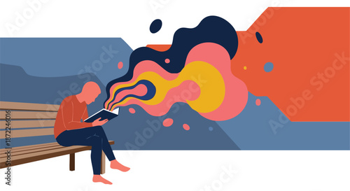 A solitary individual engrossed in a captivating book on a park bench, surrounded by vibrant, flowing abstract thoughts and creative inspiration.