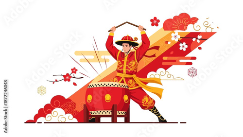 A vibrant illustration of a Chinese drummer in traditional red and gold attire celebrating a festival.