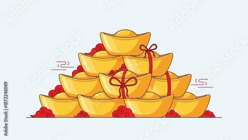 A large pile of golden ingots, tied with red ribbons and decorated with red tassels, symbolizing wealth and prosperity.
