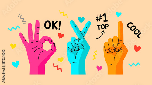 Colorful hands with cool gestures and hearts around